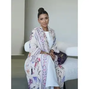 Muslim Women's Abaya Set with Hijab, Elegant Simple Floral Print Long Robe Jacket, Casual Party Beachwear, All Seasons Wear