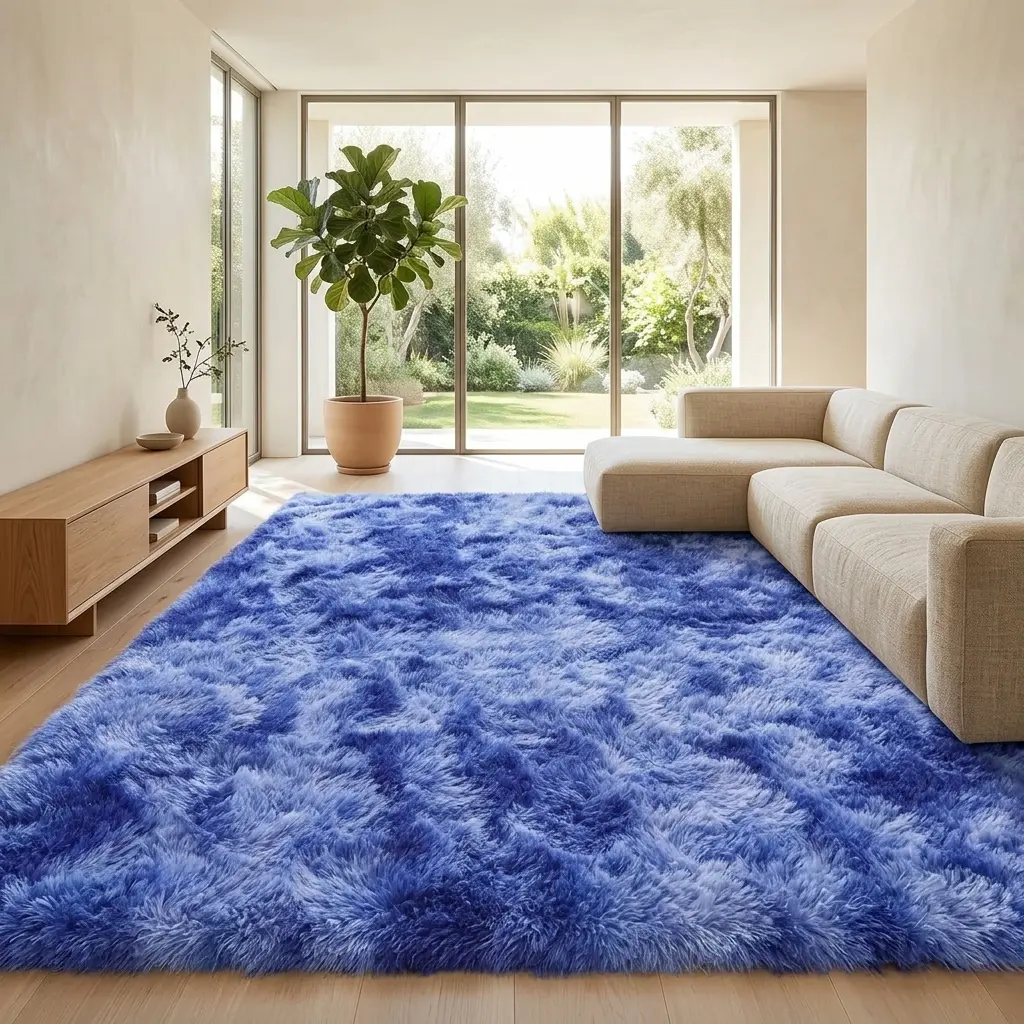 【Back to School】Viral TikTok Made Me Buy It Shaggy Fuzzy Area Rug, Ultra Soft Thick Plush Non-Slip Washable Floor Carpet, Tie Dye Blue Gradient Ombre Fluffy Shag Rug for Living Room Bedroom College Dorm, Trending Cozy Aesthetic Indoor Home Decor Rug