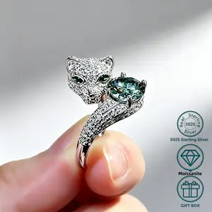 2-carat moissanite men's and women's ring, luxurious and mysterious leopard head with adjustable design, S925 silver with pavé zircon. Suitable for balls, banquets, parties, and festive wear, comes with a gift box.