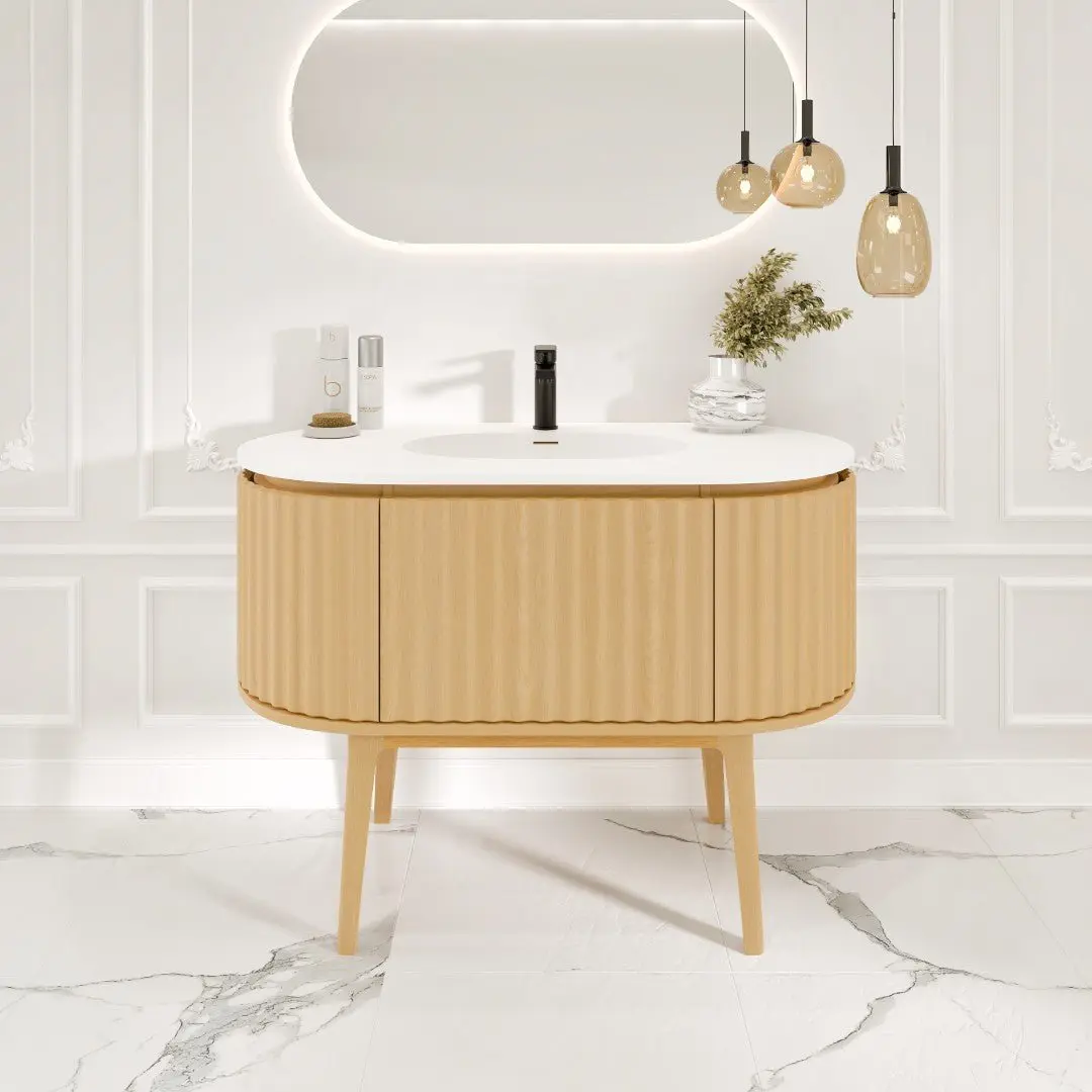 Haven 39 in. Natural Oak Freestanding Single Sink Bath Vanity with Solid Surface Top and Integrated Sink