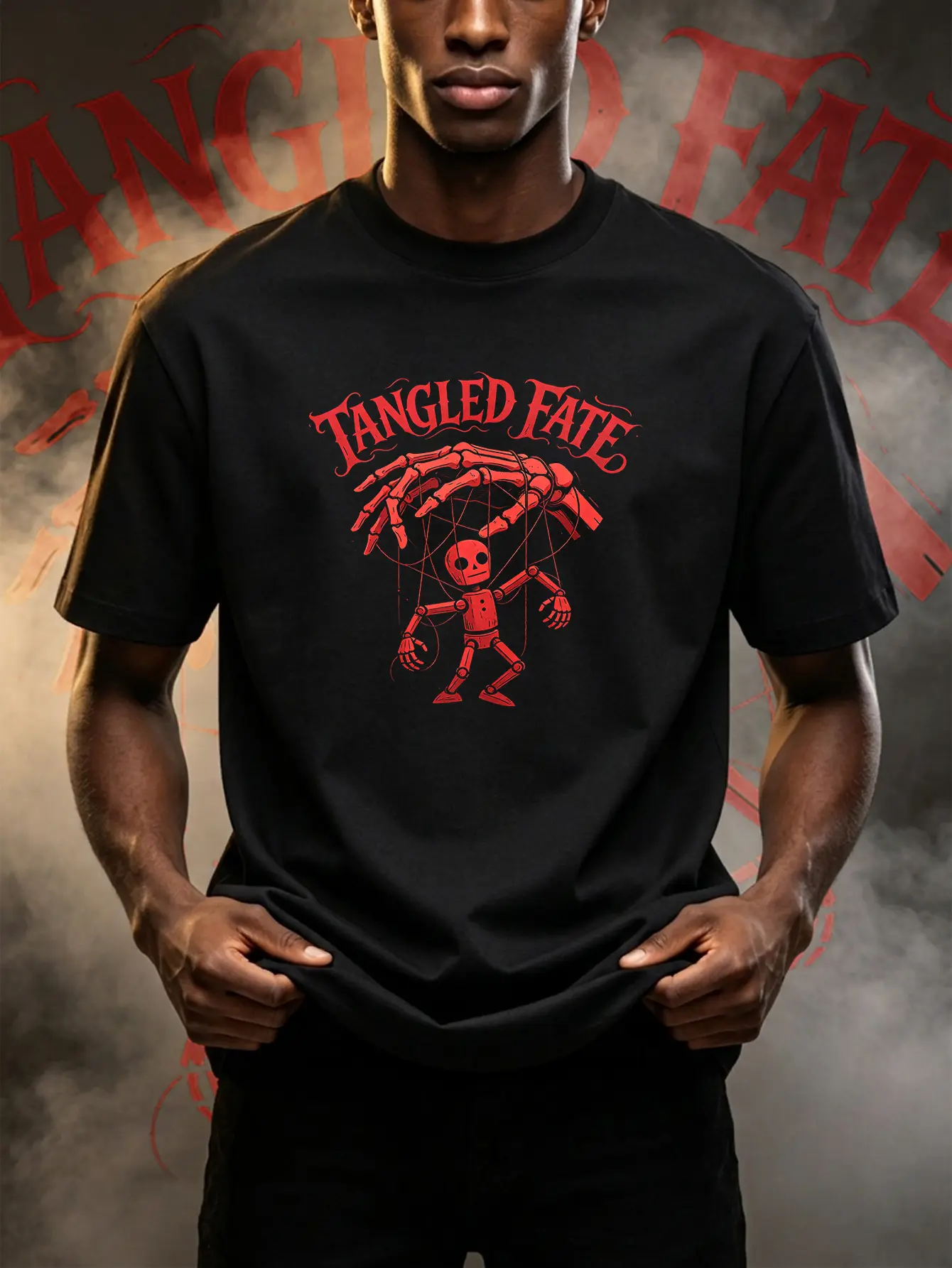 Men's Tangled Fate Skeleton Hand Marionette Puppet Graphic Short-Sleeve T-Shirt - Dark Gothic Vintage Slogan Print, Casual Street Daily Outfit Top