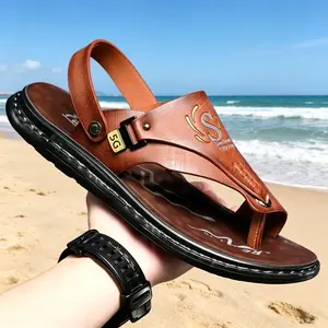 Men's Sport Flip Flops Comfort Casual Thong Sandals Outdoor Slippers PU Leather Breathable Adjustable Strap Non-Slip Sole Walking Shoes Boy Summer Footwear - Soft