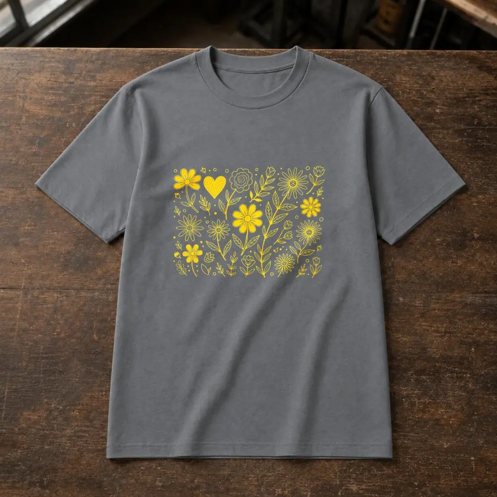 XTAUTO Floral Heart Design, Unisex T-Shirt, Yellow Flower Pattern, Spring Summer Casual Wear, Gift For Friends And Family