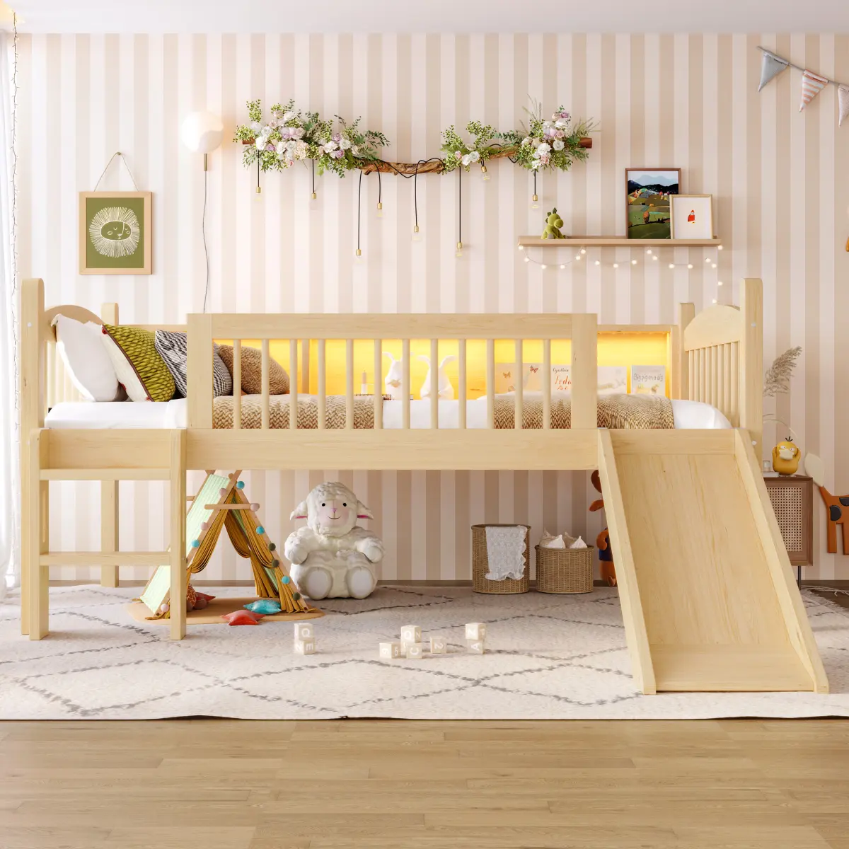 Low Loft Bed with Slide and Storage Shelves, Solid Wood Twin Size Loft Bed Frame with LED Lights and Full-length Guardrails, No Box Spring Needed