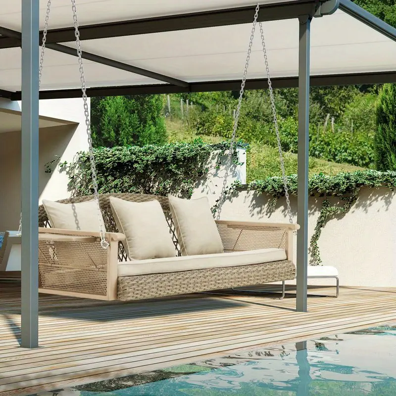 3-Person Wicker Porch Swing with 1.5" Upgraded Cup Holder, 55in Patio Hanging Swing Bench Chair with Cushions 900lbs Capacity Chains for Deck Garden Backyard, Beige