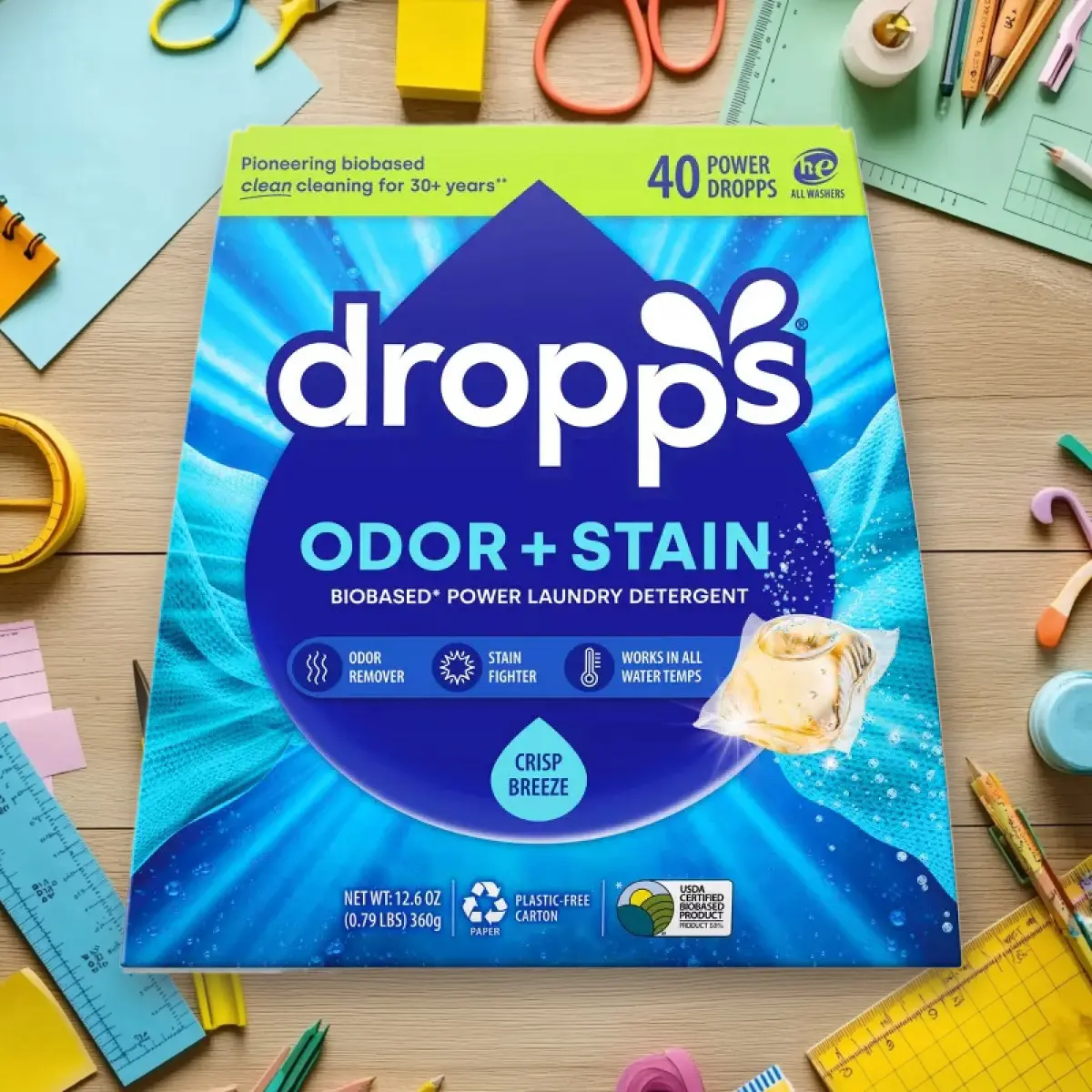 Dropps Odor & Stain Biobased Laundry Detergent Pacs Crisp Breeze 40ct - Biobased Laundry Pacs, Crisp Breeze Scent, 40ct, for Odor Stain Removal, Eco-Friendly