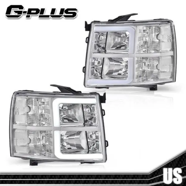 G-PLUS Star LED Headlight Assemblies for 2007-2013 Chevy Silverado 1500,2500,3500, Chrome/Black Housing with LED DRL Tube, Truck Accessories for Car Exterior Upgrade,car accessories