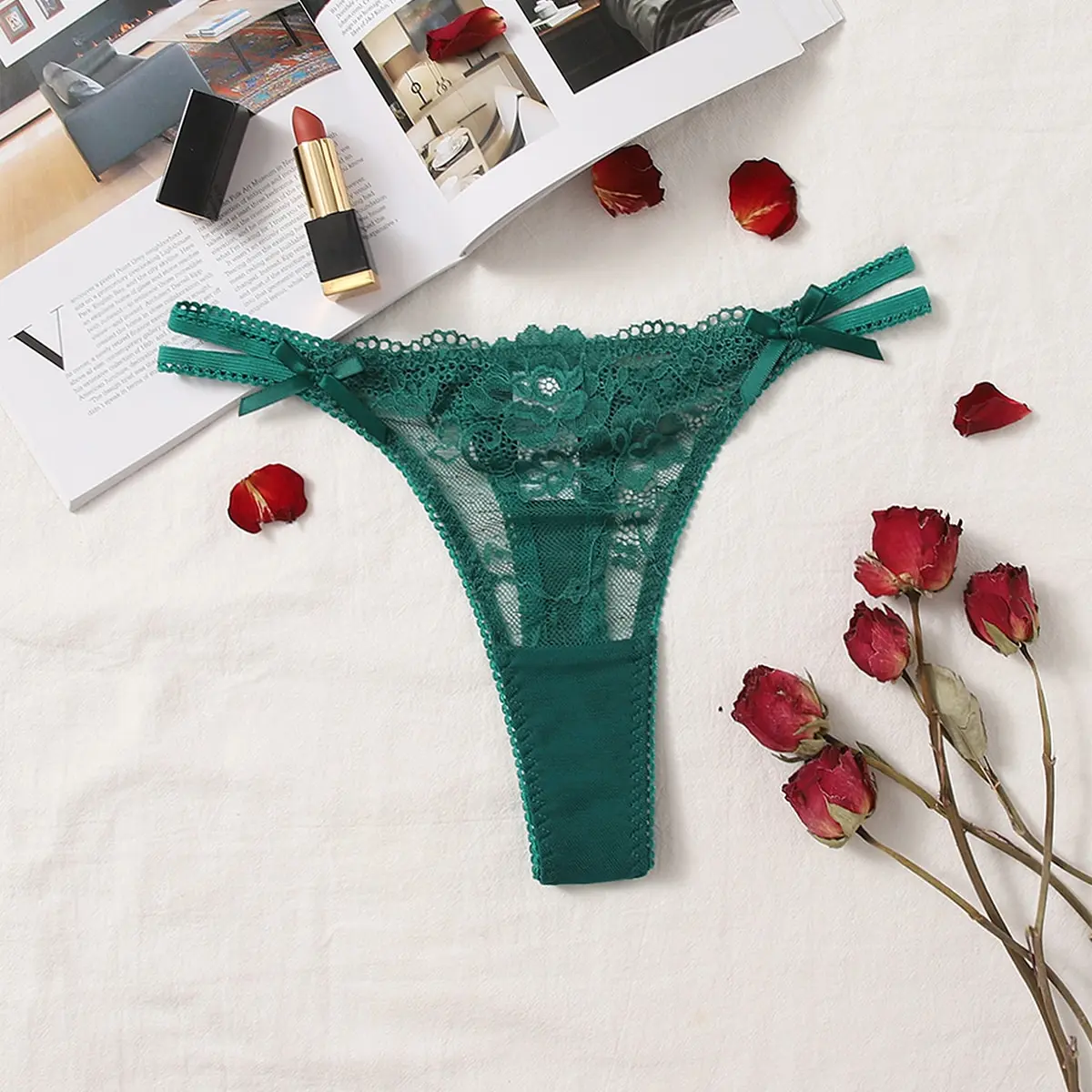 Women's Floral Lace Thong Panties, Feminine Low Rise Sheer Mesh with Elastic Waist, Multi-Pack with Side Bow for Everyday Wear, Elegance
