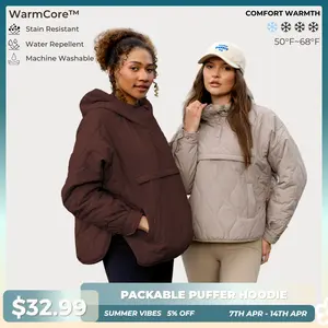 PUFFIT WarmCore Premium Women's Packable Baggy Fall Puffer Hoodie Coat Comfortable Quilted Lightweight & Warm Womenswear Water Repellent and Stain-Resistant Jacket Outerwear with Large Pocket,Plus Size Fit Spring,Dog Walking,School Running,Football Mum