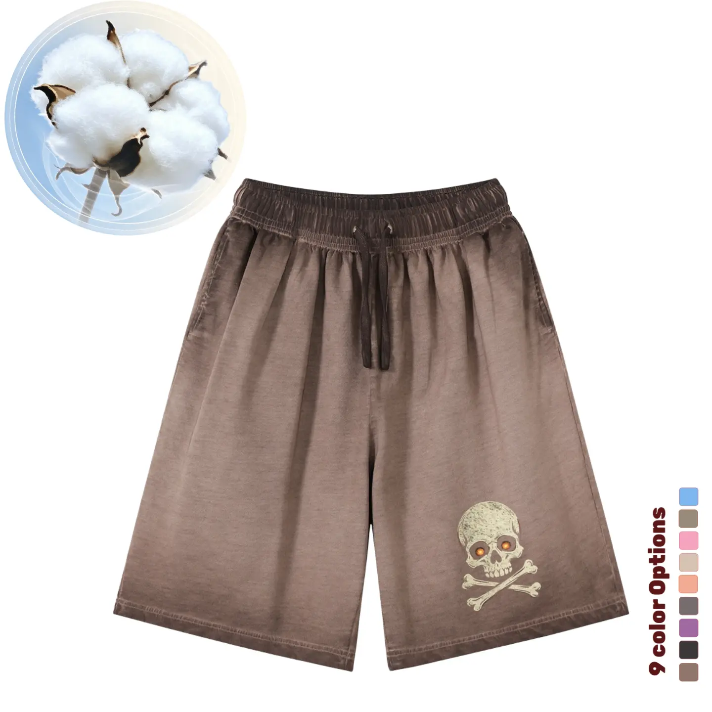 Men's Vintage Washed Skull Print Oversized Heavyweight Cotton Shorts Breathable Durable Quick-Dry Casual Streetwear Summer Beach Daily Wear