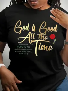 Women'S Plus Size Casual Crew Neck T-Shirt with "God is Good All the Time" Print, Elegant Alphabet Pattern, Polyester Knit Fabric, Medium Stretch, All Season Wear, 180g/m² - Black