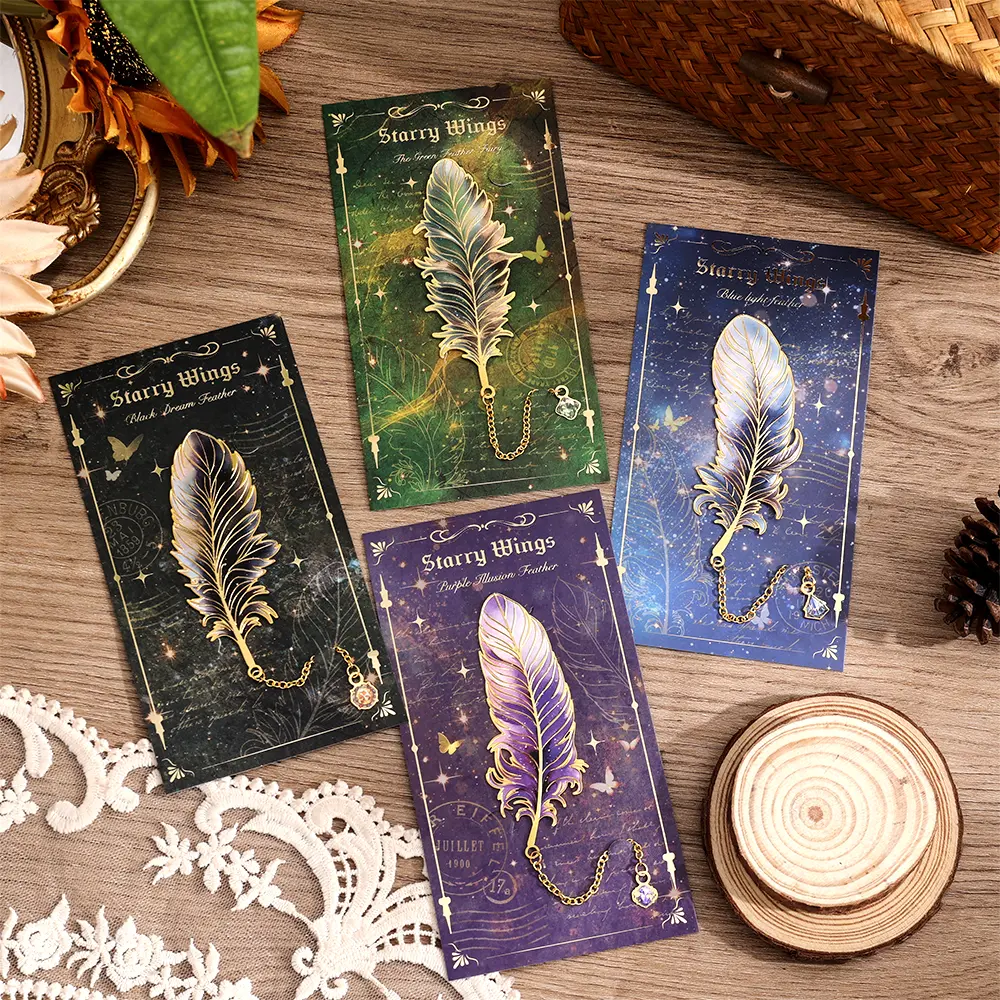 Classic 4-Pack Custom Shaped Metal Collectibles Bookmarks - Unique Feathers Starry Wings Design with Chain, Cute and Unique Office Stationery for Book Lovers, Mother's Day Gift