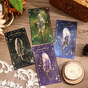 Feather-Shaped Metal Bookmarks with Chain, 4-Pack Vintage-Inspired Book Marks Set - Cute Unique Page Markers Gifts for Book Lovers, Readers, Writers, Reading Women, Men, Kids, Teens (Starry Wings)