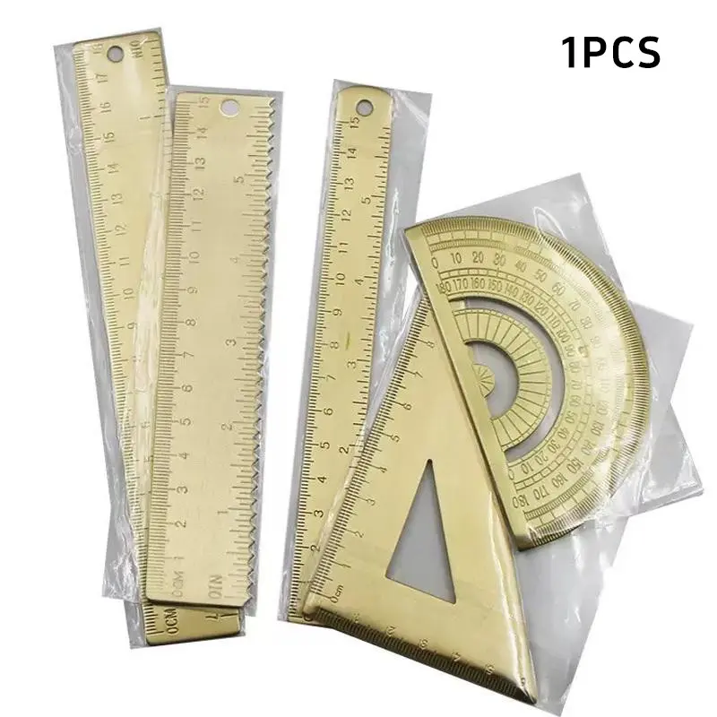 Multiple Styles Brass Triangle Ruler Copper Straight Edge Vintage Semi-Circle Protractor Angle Finder Triangular Board Drawing Copper Rule Wave Scale Measuring Instrument