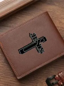Men's 3D Cross Print Leather Wallet, Trendy Christian Faith Two-Fold Purse, Faux Leather Card Holder, Ultra-Thin Multi-Card Design