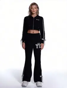 YU-YU Mother's Day Clearance Sale Y2K Lace Bow Cropped Hoodie Tracksuit, Soft Stretchy Waist Cinching Two Piece Outfit, Hot Girl Streetwear Loungewear Set