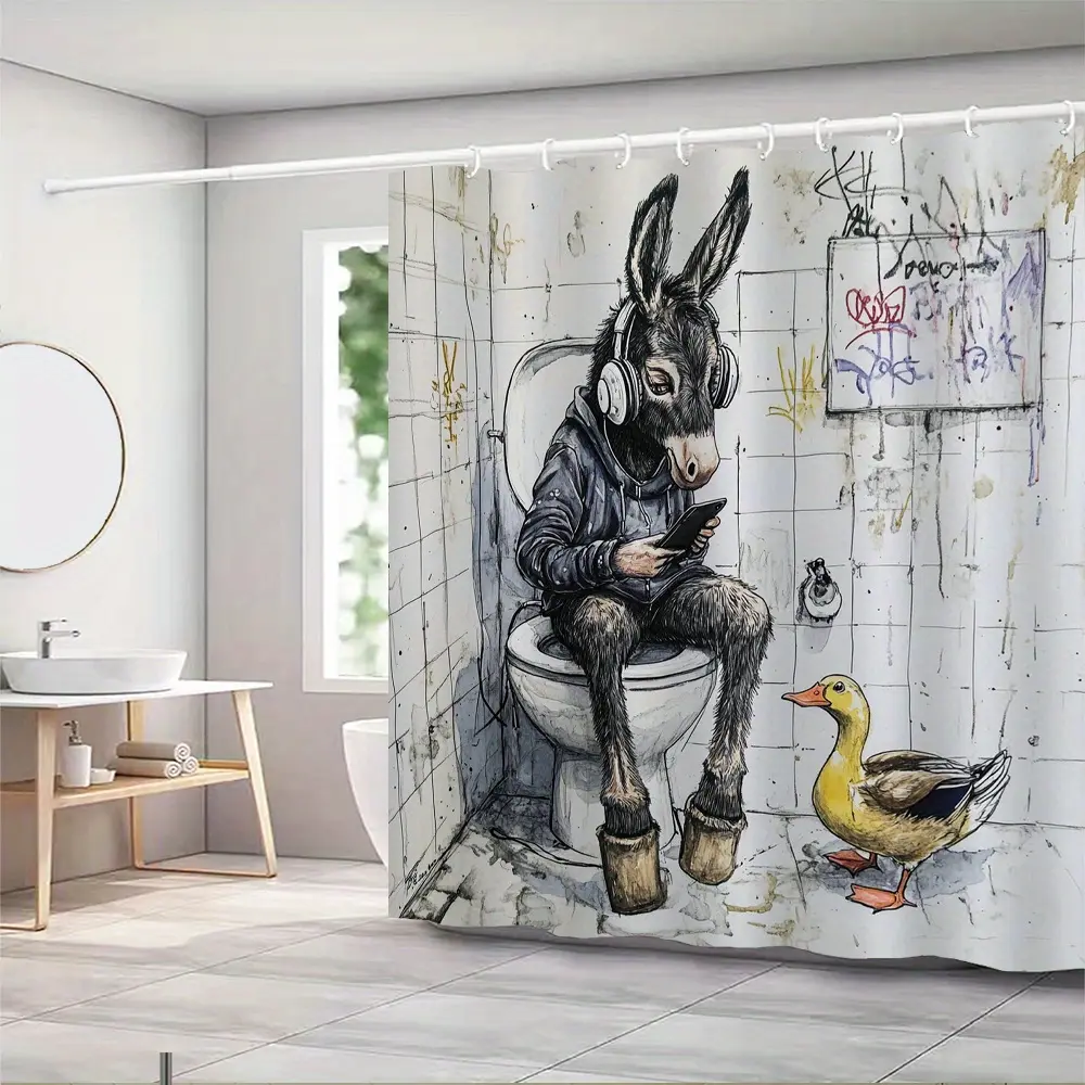 1pc Surreal Art Donkey Shower Curtain - Anthropomorphic Donkey with Human Torso on Toilet & Graffiti Design, Machine Washable Polyester Bathroom Decor with Hooks, Humorous Animal Theme for Quirky Home Accessories, Playful, Unique Artwork