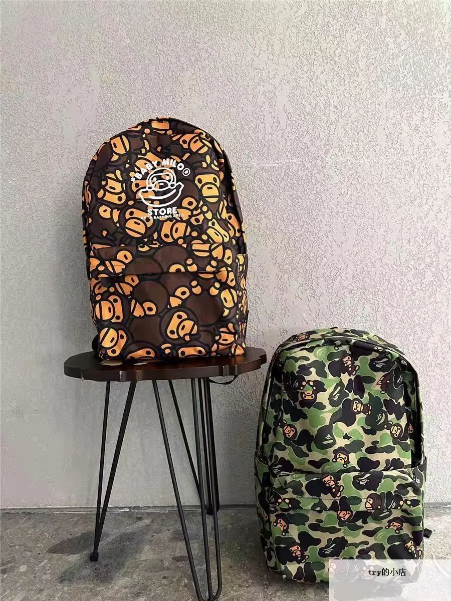 New classic blue-green camouflage monkey zoo backpack, casual cartoon trendy backpack