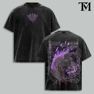Monster Hunter Shagaru Magala Heavy Metal Vintage Washed Oversized T-Shirt, Hoodie, Purple Elder Dragon Graphic Tee, Premium Heavyweight Cotton, Faded Grunge Streetwear, RPG Gamer Fan Merch