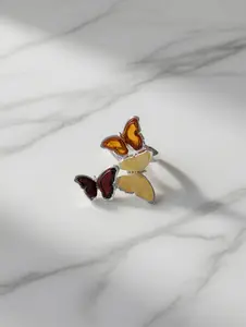 Sterling Silver Handmade Amber Multi-Butterfly Adjustable Ring