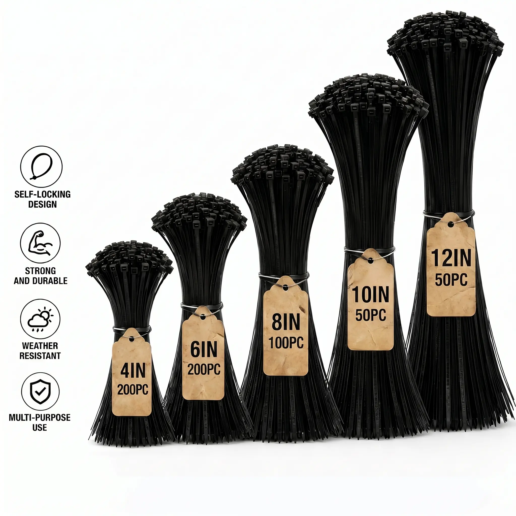 Black Self-Locking Nylon Zip Ties, 600PCS Assorted Sizes (4-12 In) Multi-Purpose Cable Ties for Home, Garage (Tools & Hardware Fibrous Rope)
