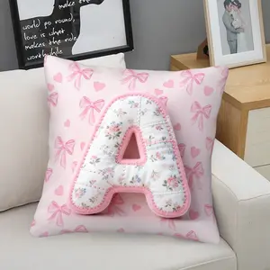 Personalized Letter A-Z Bow Floral Print Cushion, Zipper Closure Square Pillow, Comfortable Sofa Pad, Ideal Birthday Gift