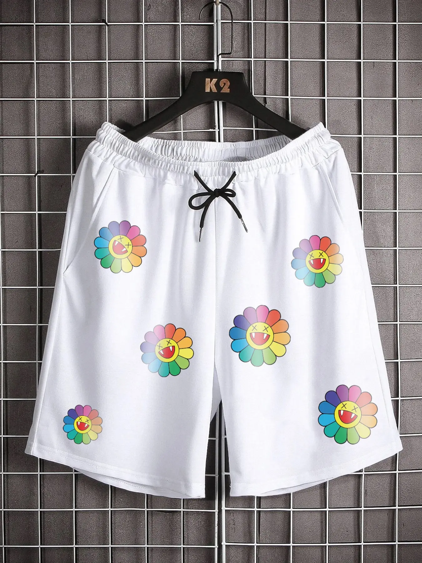 Men's Loose Shorts Sunflower Print Design, Casual Style Elastic Waist Drawstring Pockets, Comfortable Summer Wear