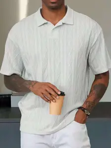 Men’s diamond knit texture polo shirt, casual loose fit short sleeves, summer business casual top