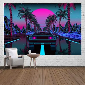 Urban Street Scene Tapestry Cars Palm Trees Sunset Starry Sky Poster Colorful Punk Wall Hanging 60x40 Inch Flannel Tapestry for Living Room Bedroom Decoration