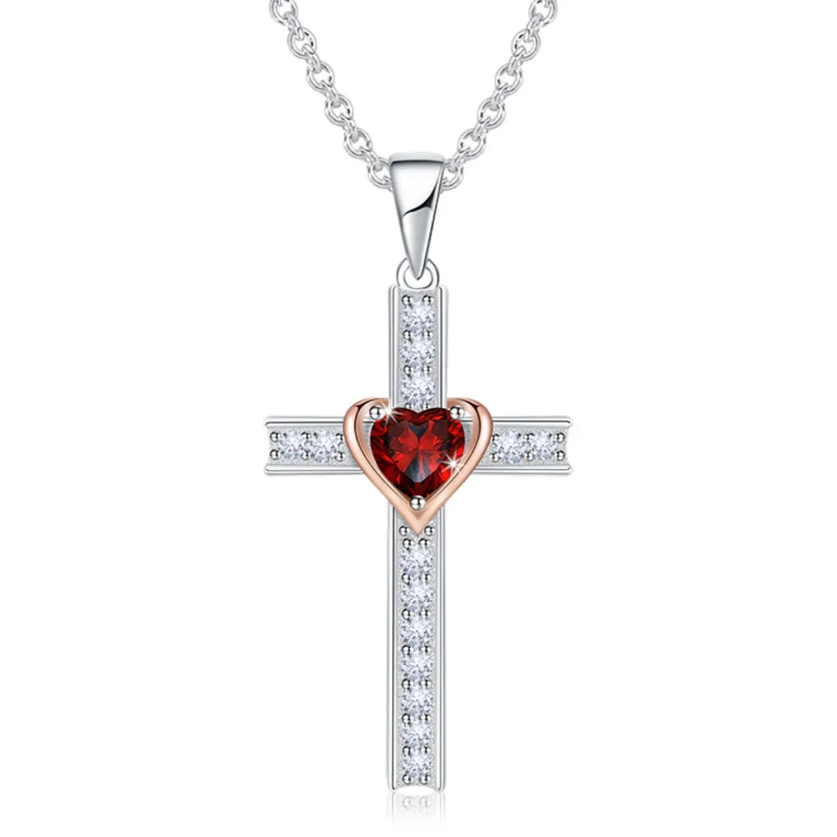 Molenia Birthstone Cross Necklace for Women, 925 Sterling Silver Heart Cross Pendant Necklace Fine Cross Jewelry Birthday Gifts for Her 18"+4" Inches