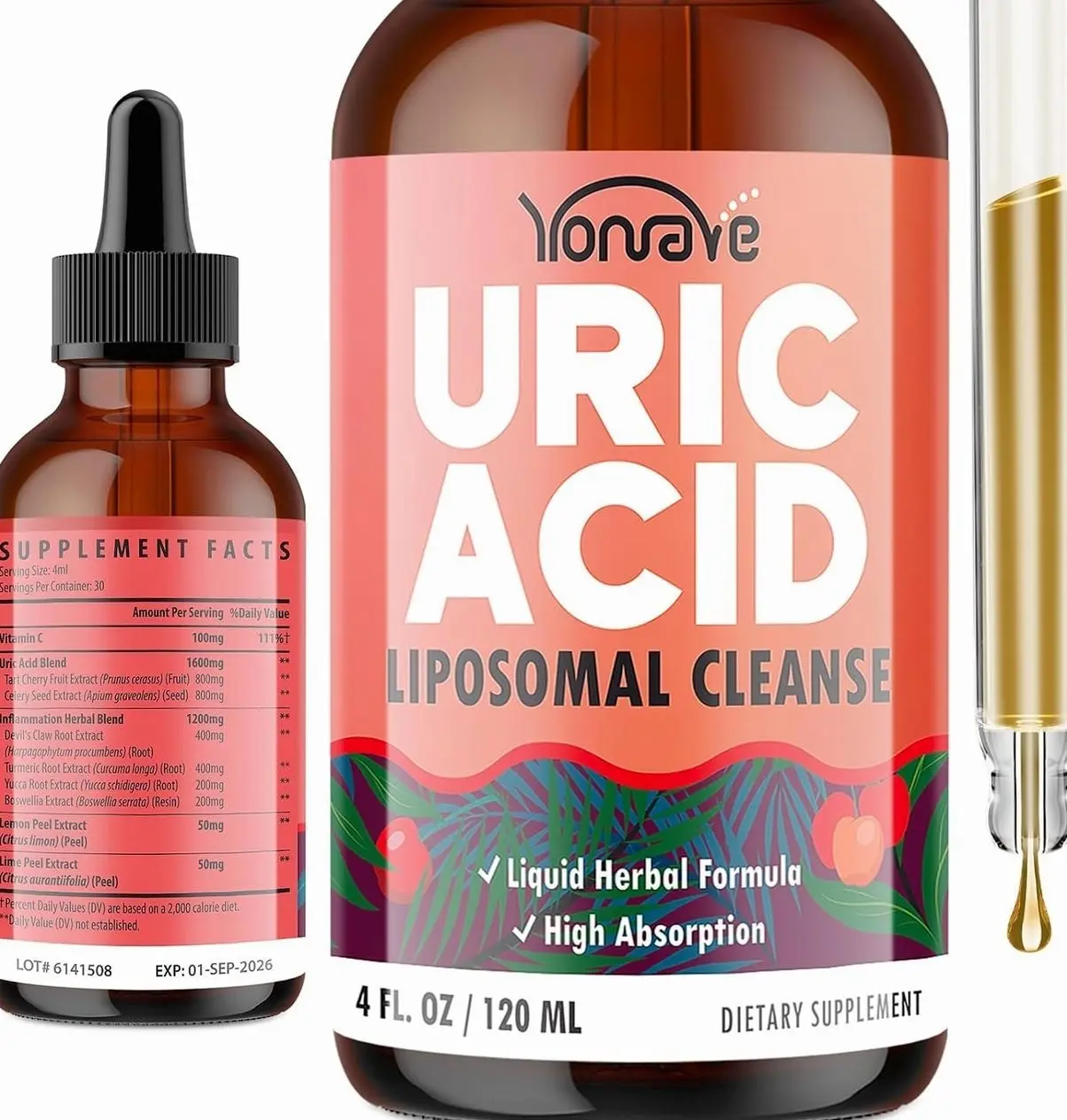 Liposomal Uric Acid Drops, Tart Cherry Supplement with Celery Seed & Boswellia Extract – Muscle, Detox, Joint and Kidney, Uric Acid Cleanse Liquid Supplement– 4 FL OZ (1 Bottle)