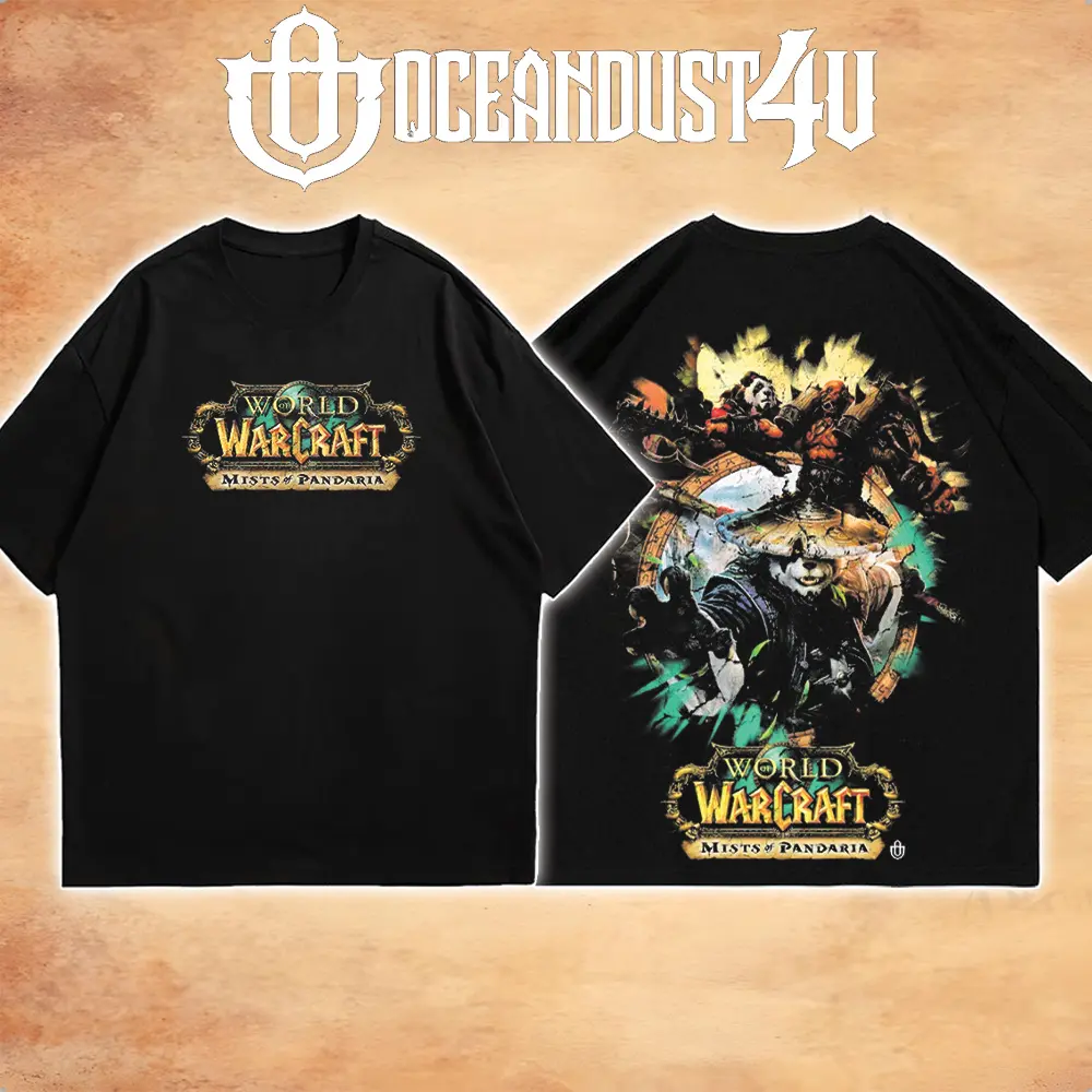OceanMOB4U World of Warcraft Mists of Pandaria Black T-Shirt, Front and Back Graphic Gaming Tee, Pandaren Fantasy MMORPG Shirt, Unisex Gamer Gift