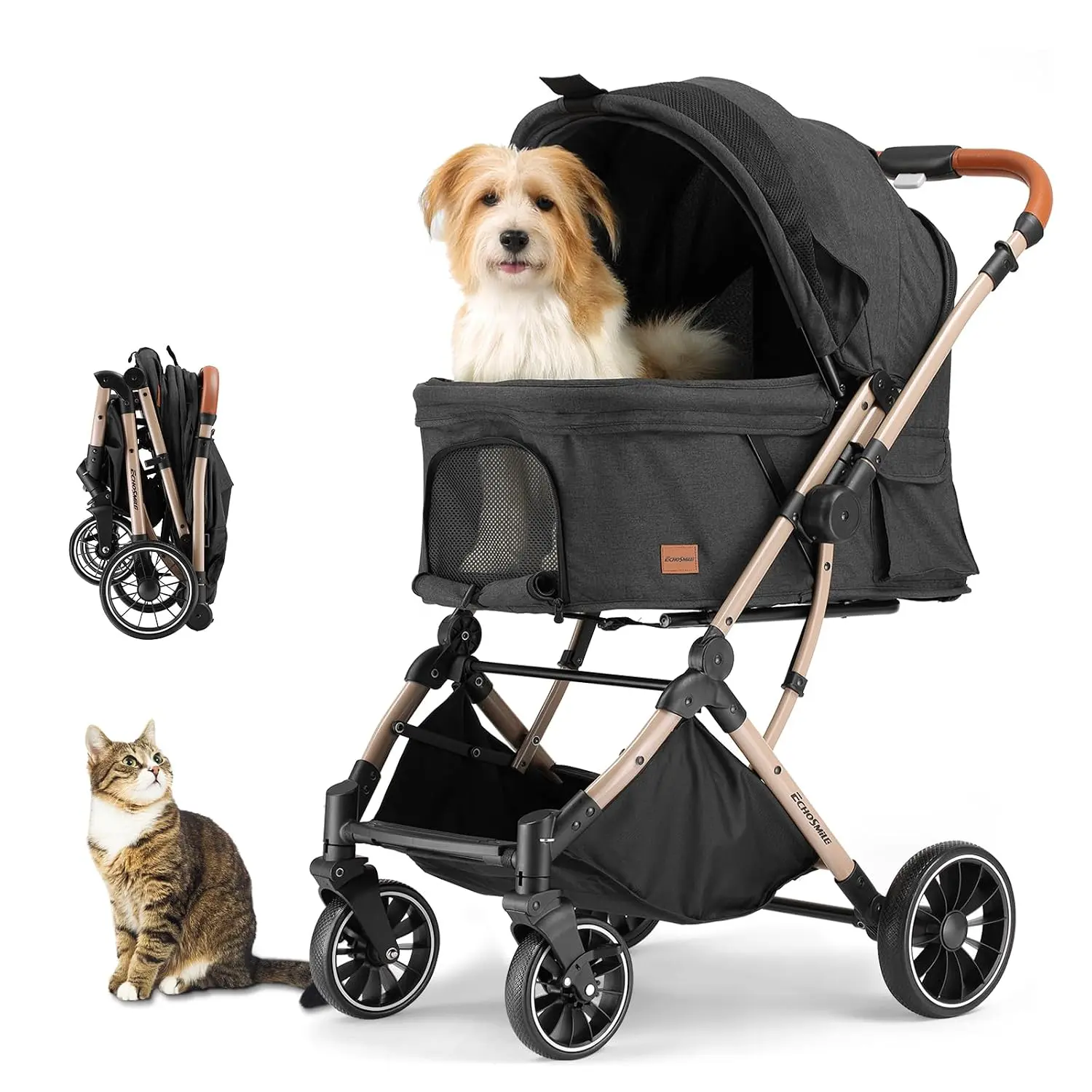 EchoSmile Small Medium Dogs Stroller 4-Wheel Pet Strollers for Medium Dogs Up to 50lbs, One Click Folding Large Cat Stroller, Reversible Handle, Shock Absorbing Wheels, Removable Washable Pad, Green