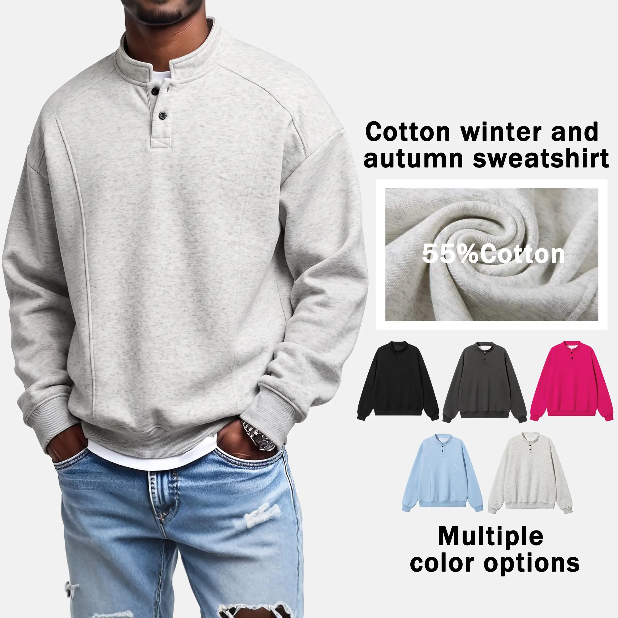 Men’s cotton Henley-neck sweatshirt with a simple button design, soft and comfortable casual pullover long-sleeve top, autumn/winter streetwear style, available in multiple colors.