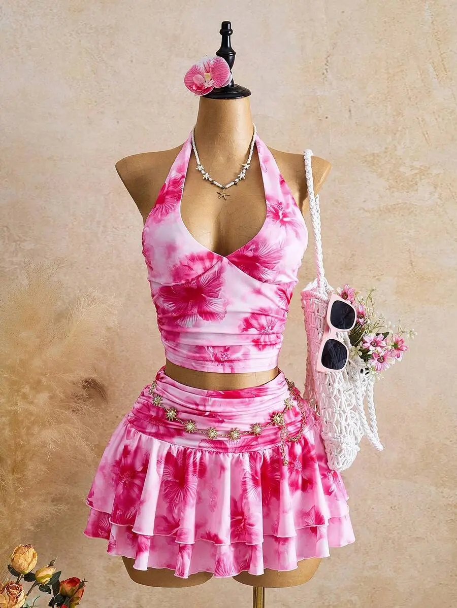 [Royalty Brand Clothing] Women's Floral Print Pleated Halter Neck Camisole And Mini Skirt 2-Piece Vacation Set