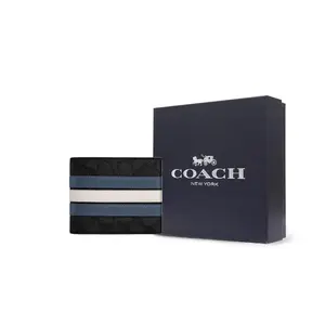 COACH Men's 3-in-1 Wallet with Classic Monogram Stripe Detail in Charcoal Gray and Denim Blue
