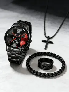 4-piece men's fashionable and casual high-quality quartz watch set+cross jewelry chain ring bracelet necklace
