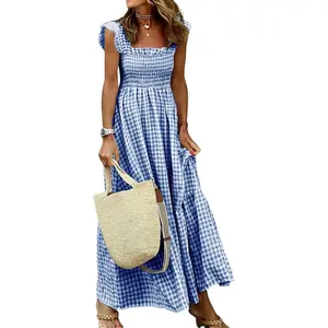 2026 New Women's Retro Plaid Smocked Dress Spaghetti Strap Flounce Long Casual Sleeveless Flowy Evening Fashion Basic with Pockets Womenswear Cute Elegant Sky