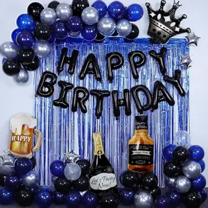 Blue and Black Happy Birthday Decorations for Men,Birthday Decorations with Banner, Fringe Curtains,Foil Balloons, Balloon Kits for 21st,25th 27th 30th 35th 40 50 60th Birthday Decorations