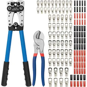 Battery Cable Lug Crimping Tool Kit, AWG 10-1/0 Gauge Wire Crimper, Battery Cable Crimper Tool with Cable Cutter, 64pcs Copper Wire Lugs, 70pcs Heat Shrink Tubes