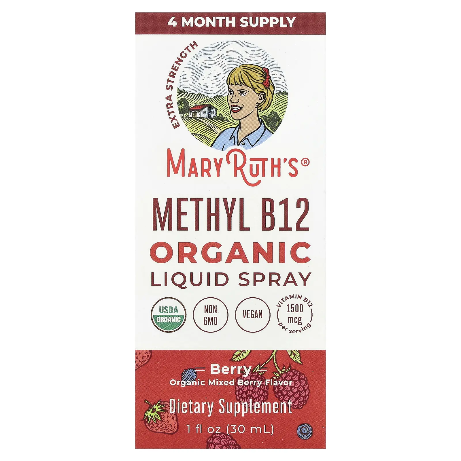 MaryRuth's Organic Methyl B12 Liquid Spray, Berry, 1,500 mcg, 1 fl oz (30 ml)