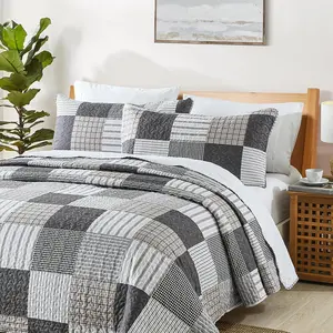 Quilt Set  Size, 3 count Bedspread Coverlet Plaid Patchwork Quilt Farmhouse  Size Comforter Set Lightweight Bedding with 2 Pillow Covers Shams for All Season Gray Brown White