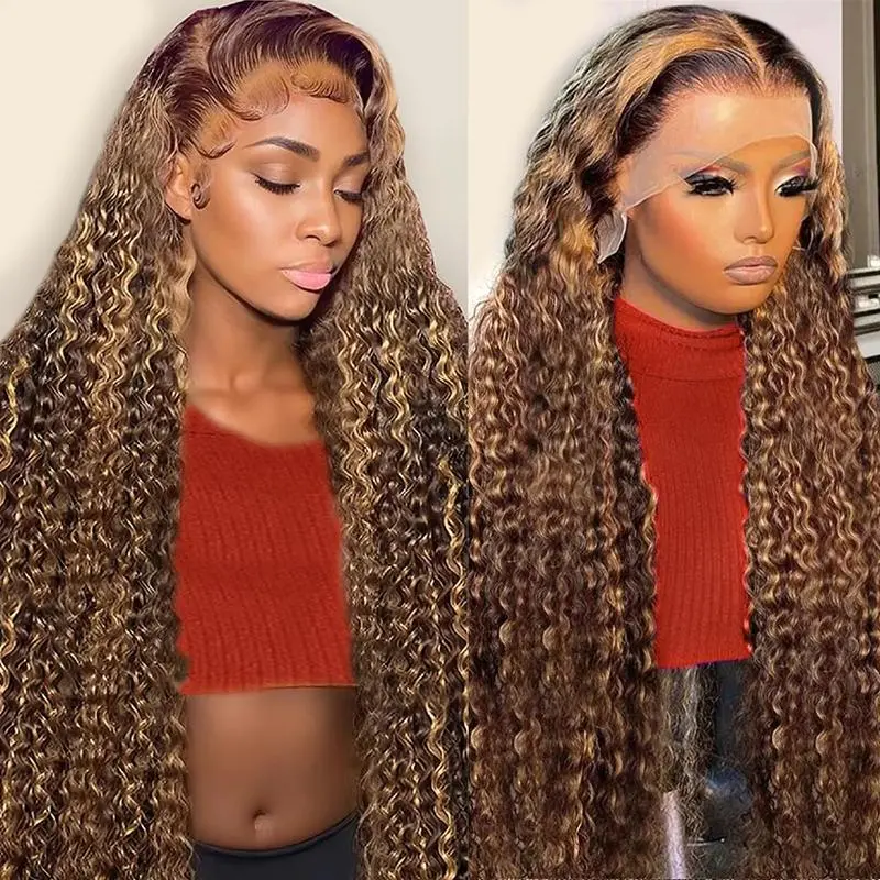 Zlzlblbl 13x6 Honey Blonde Water Wave HD Lace Front Human Hair Wigs for Women 200% Density 4/27 Colored Highlight Wigs Pre Plucked with Baby Hair