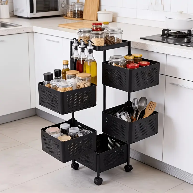 Square Rotating Office Storage Rack with Wheels, Mobile Rolling Mesh Organizer Cart, Multi-Tier Swivel File Stationery Shelf for Desk Office Supplies Document Accessories Storage