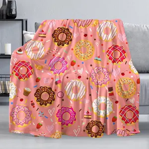 Cartoon Donuts Flannel Throw Blanket - Lightweight, Soft, Comfy Plush for Sofa, Office, Travel, Camping, Home (60x80in)