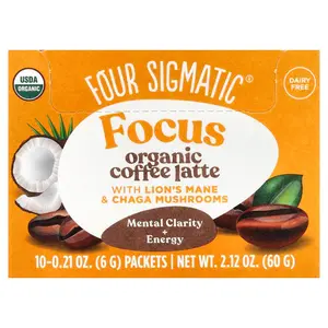Four Sigmatic Focus, Organic Coffee Latte with Lion's Mane & Chaga Mushrooms, 10 Packets, 0.21 oz (6 g) Each