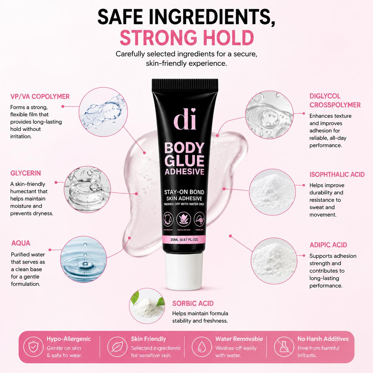 Body Glue Skin Adhesive - Invisible Waterproof Strong Hold for Strapless Dresses & Festival Wear - Sweat Resistant with Easy Removal, Compact & Portable 20ml, Aqua, Glycerin, Diglycol Crosspolymer, Fashion Emergencies, Skin-Friendly Formula, Lightweight,,