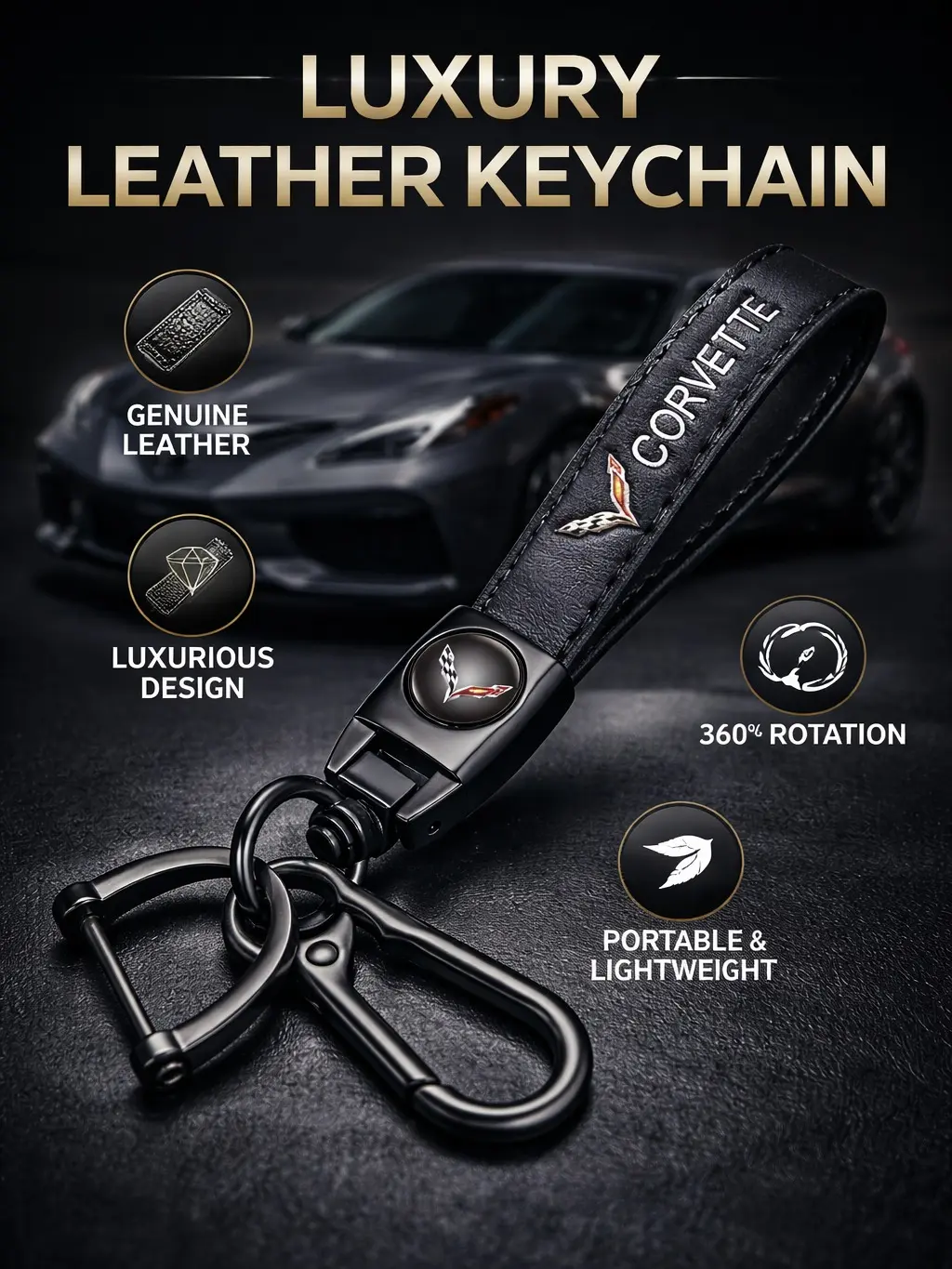 Genuine Leather metal Keychain with Wristlet Strap for CORVETTE Car anti-loss Key ring Accessory Premium Gift Charm Stylish Vehicle Accessories