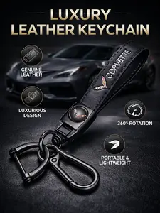 Luxury Genuine Leather Keychain with Keychain Wristlet Strap, CORVETTE Car Key Accessory, Premium Gift Charm, Stylish Keychain, Vehicle Accessories