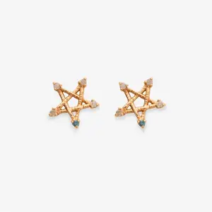 Diamond & Emerald Rose Gold Star Stud Earrings
